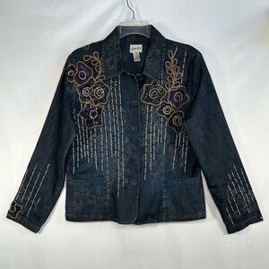 Chico’s Decorative Denim Jacket Blazer Embroidered Sequins Bohemian Festival Sz1